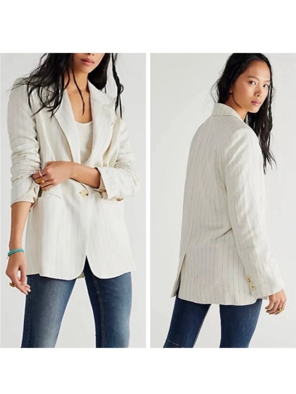 Free People Light Beige Linen blend pinstripe Blazer. Lagenlook. Relaxed fit. S